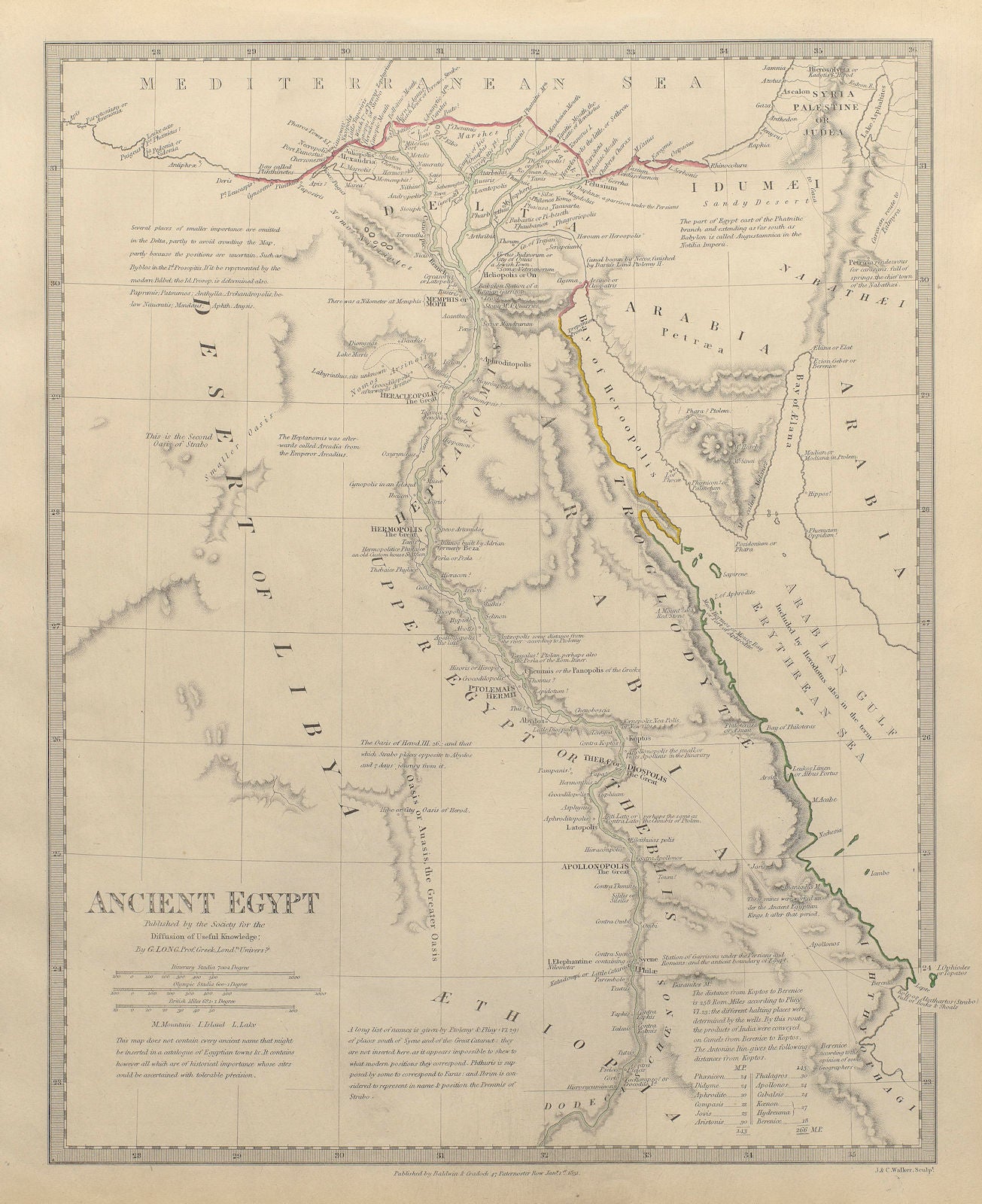 ANCIENT EGYPT. Nile Valley. Original outline colour. SDUK 1844 old antique map